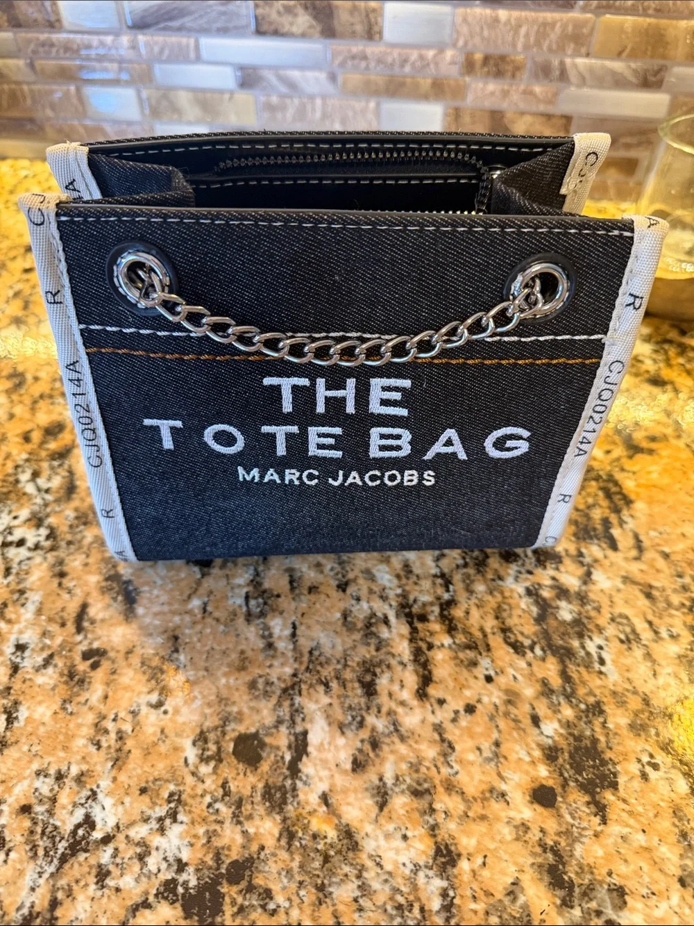 Marc Jacobs Black Canvas 'The Tote Bag' Mini with White Trim and Silver Chain
